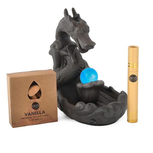 OCO Life Handcrafted Ceramic Mystical Dragon Incense Burner & Glass Ball with Backflow Cones & Incense Sticks - Image 3