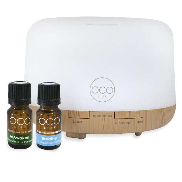 <p class="MsoNormal" style="margin: 0cm; font-size: 12pt; font-family: Calibri, sans-serif;"><span lang="EN-US">OCO Life 500ml Cool Mist Ultrasonic Aroma Diffuser with 2 Oil Blends (10ml)</span></p>