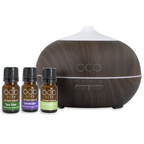 <p>BEST SELLING OCO Life Dark Wood Grain Ultrasonic Diffuser 400ml and Home Essentials Kit 3 Oils </p>