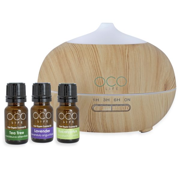 <p>BEST SELLING OCO Life Light Wood Grain Ultrasonic Diffuser 400ml with Home Essentials Kit 3 Oils </p>